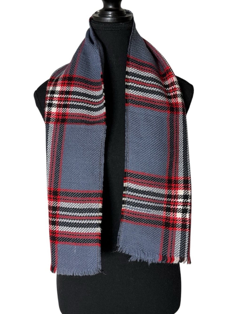 ENELLE Grey Red Plaid Wool Scarf Oblong Made In Japan Unisex
